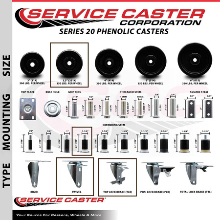 Service Caster 3.5'' SS Phenolic Swivel 1-1/8'' Expanding Stem Caster with Brake SCC-SSEX20S3514-PHS-TLB-118